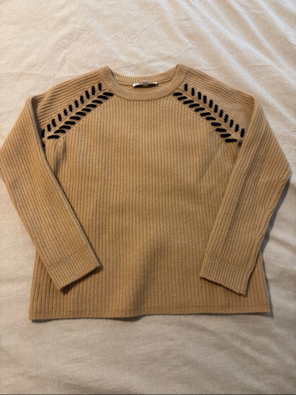 The Cashmere Project 100% Cashmere Beige Crewneck Sweater Black Stitching Size S
